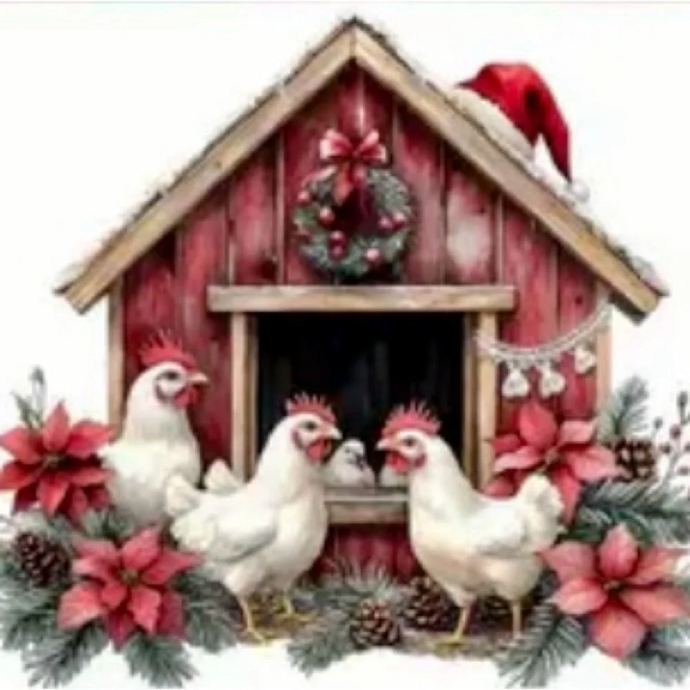 Merry Chicken Christmas SceneHandmade Circle Ornament‎